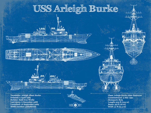 14" x 11" / Unframed Cutler West USS Arleigh Burke (DDG-51) Arleigh Burke-class Destroyer Blueprint Original Military Wall Art