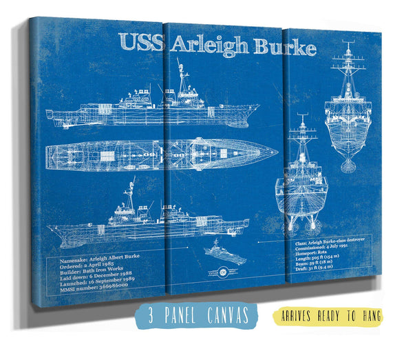 36" x 24" / 3 Panel Canvas Wrap Cutler West USS Arleigh Burke (DDG-51) Arleigh Burke-class Destroyer Blueprint Original Military Wall Art