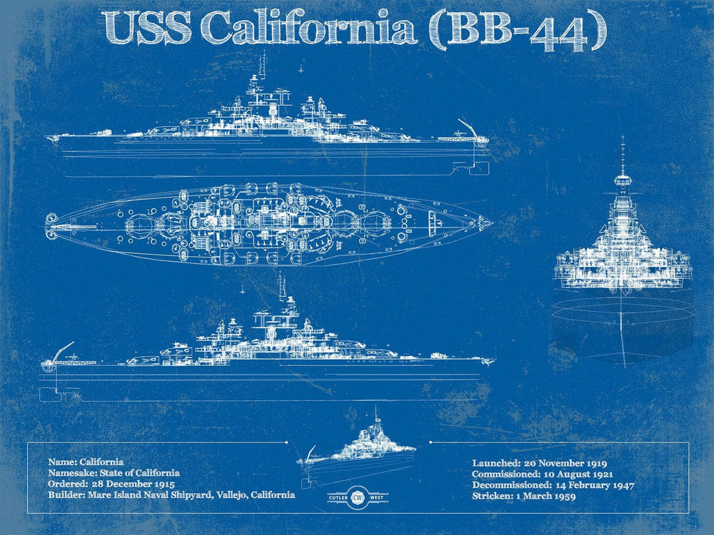 14" x 11" / Stretched Canvas Wrap Cutler West USS California (BB-44) Blueprint Original Military Wall Art - Customizable