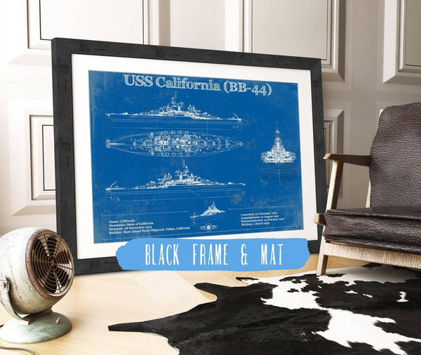 20" x 16" / Black Frame & Mat Cutler West USS California (BB-44) Blueprint Original Military Wall Art - Customizable