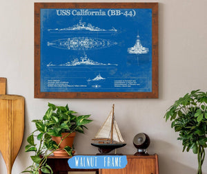 20" x 16" / Walnut Frame Cutler West USS California (BB-44) Blueprint Original Military Wall Art - Customizable