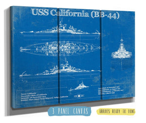 36" x 24" / 3 Panel Canvas Wrap Cutler West USS California (BB-44) Blueprint Original Military Wall Art - Customizable