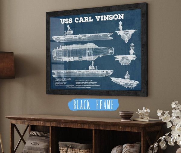 20" x 16" / Black Frame Cutler West USS Carl Vinson (CVN 70) Aircraft Carrier Blueprint Original Military Wall Art - Customizable
