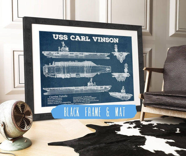 20" x 16" / Black Frame & Mat Cutler West USS Carl Vinson (CVN 70) Aircraft Carrier Blueprint Original Military Wall Art - Customizable