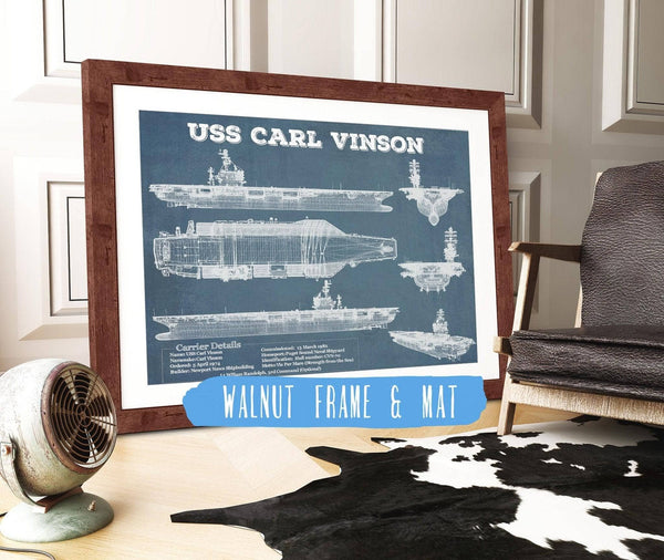 20" x 16" / Walnut Frame & Mat Cutler West USS Carl Vinson (CVN 70) Aircraft Carrier Blueprint Original Military Wall Art - Customizable