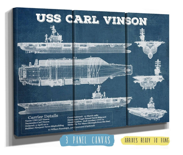 36" x 24" / 3 Panel Canvas Wrap Cutler West USS Carl Vinson (CVN 70) Aircraft Carrier Blueprint Original Military Wall Art - Customizable