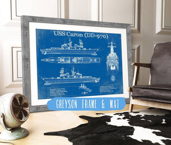 14" x 11" / Greyson Frame & Mat Cutler West USS Caron (DD-970) Blueprint Original Military Wall Art - Customizable