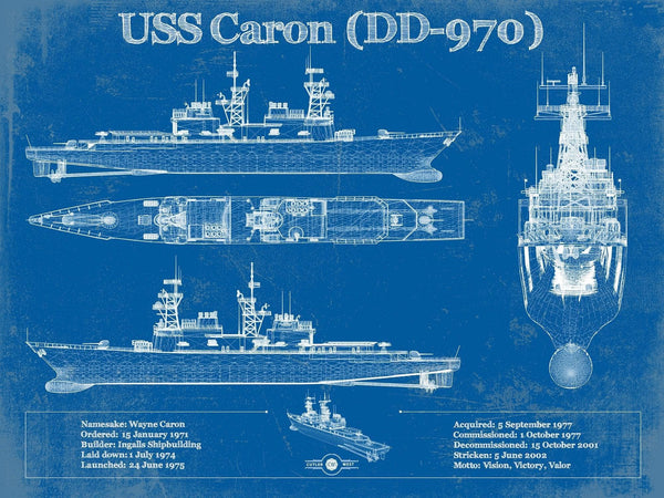 14" x 11" / Unframed Cutler West USS Caron (DD-970) Blueprint Original Military Wall Art - Customizable