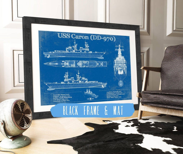 20" x 16" / Black Frame & Mat Cutler West USS Caron (DD-970) Blueprint Original Military Wall Art - Customizable