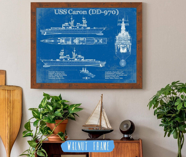 20" x 16" / Walnut Frame Cutler West USS Caron (DD-970) Blueprint Original Military Wall Art - Customizable