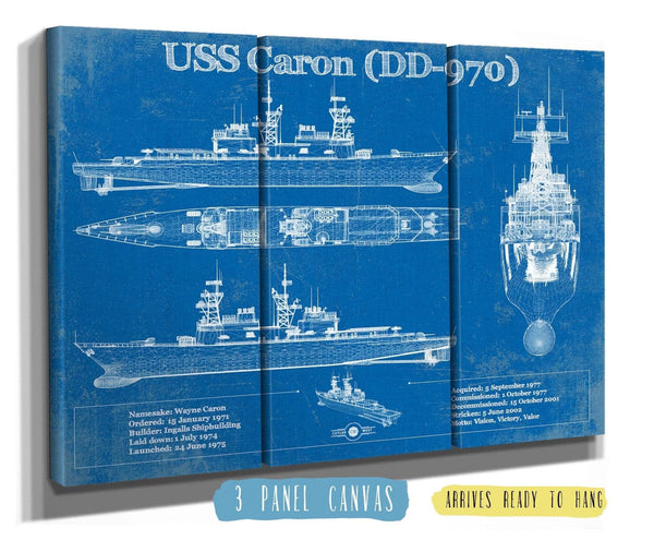 36" x 24" / 3 Panel Canvas Wrap Cutler West USS Caron (DD-970) Blueprint Original Military Wall Art - Customizable