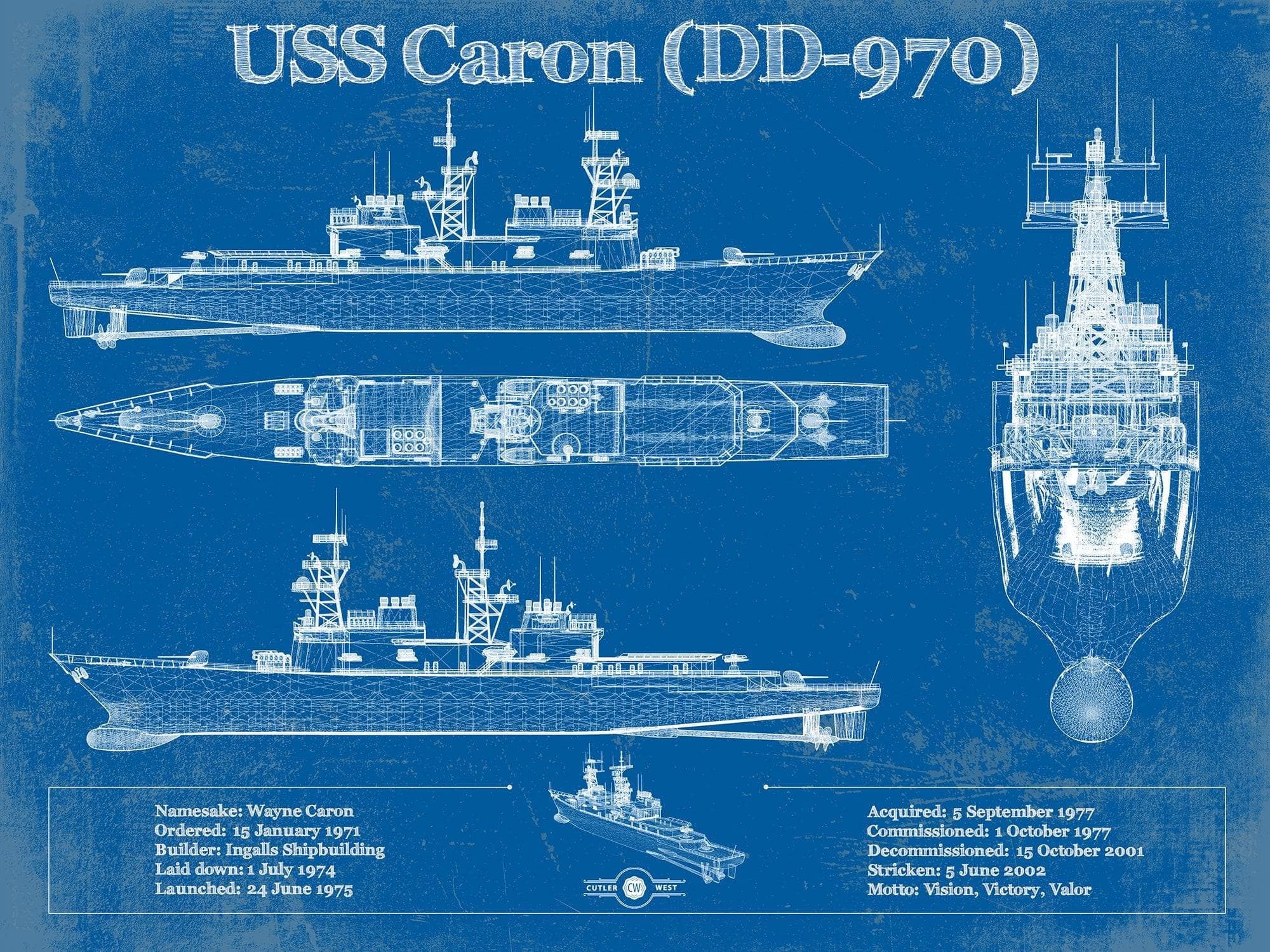 Cutler West Naval Military 14" x 11" / Unframed USS Caron (DD-970) Blueprint Original Military Wall Art - Customizable 933311002_28146