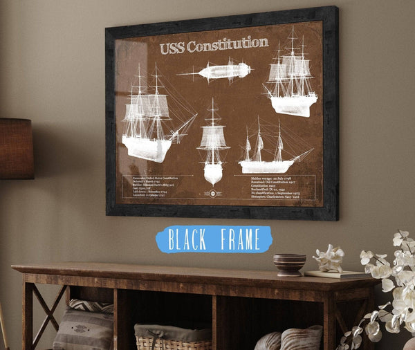 20" x 16" / Black Frame Cutler West USS Constitution Blueprint Original Military Wall Art