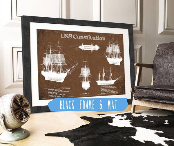 20" x 16" / Black Frame & Mat Cutler West USS Constitution Blueprint Original Military Wall Art