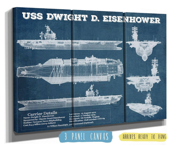 36" x 24" / 3 Panel Canvas Wrap Cutler West USS Dwight Eisenhower CVN69 Aircraft Carrier Blueprint Original Military Wall Art - Customizable