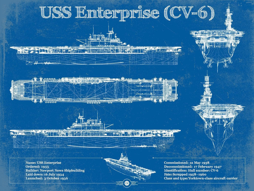 14" x 11" / Stretched Canvas Wrap Cutler West USS Enterprise (CV-6) Aircraft Carrier Blueprint Original Military Wall Art - Customizable