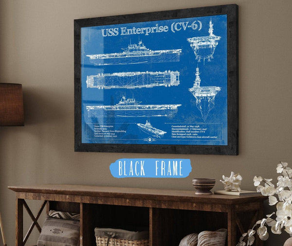 20" x 16" / Black Frame Cutler West USS Enterprise (CV-6) Aircraft Carrier Blueprint Original Military Wall Art - Customizable