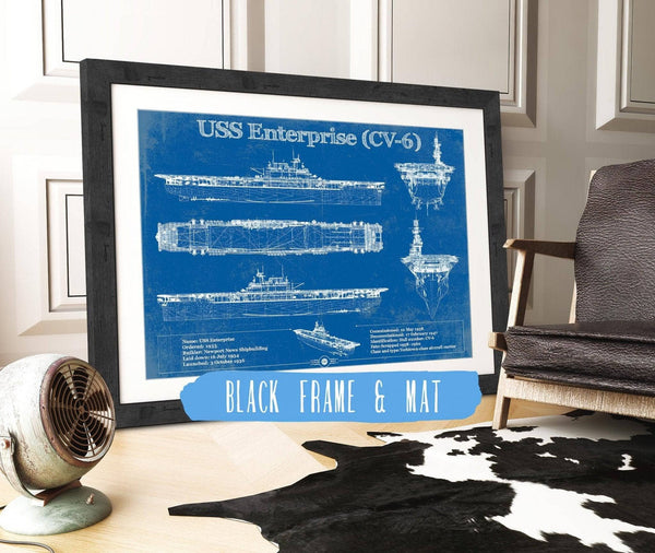 20" x 16" / Black Frame & Mat Cutler West USS Enterprise (CV-6) Aircraft Carrier Blueprint Original Military Wall Art - Customizable