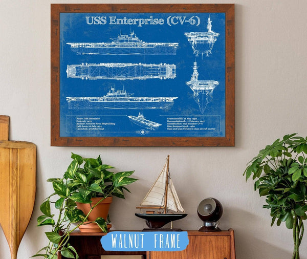 20" x 16" / Walnut Frame Cutler West USS Enterprise (CV-6) Aircraft Carrier Blueprint Original Military Wall Art - Customizable