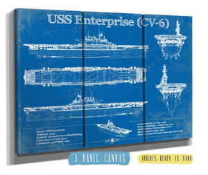 36" x 24" / 3 Panel Canvas Wrap Cutler West USS Enterprise (CV-6) Aircraft Carrier Blueprint Original Military Wall Art - Customizable