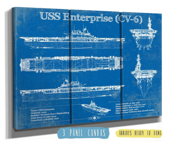 36" x 24" / 3 Panel Canvas Wrap Cutler West USS Enterprise (CV-6) Aircraft Carrier Blueprint Original Military Wall Art - Customizable