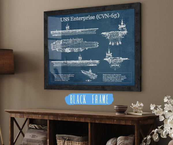 20" x 16" / Black Frame Cutler West USS Enterprise (CVN-65) Aircraft Carrier Blueprint Original Military Wall Art - Customizable