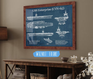 20" x 16" / Walnut Frame Cutler West USS Enterprise (CVN-65) Aircraft Carrier Blueprint Original Military Wall Art - Customizable