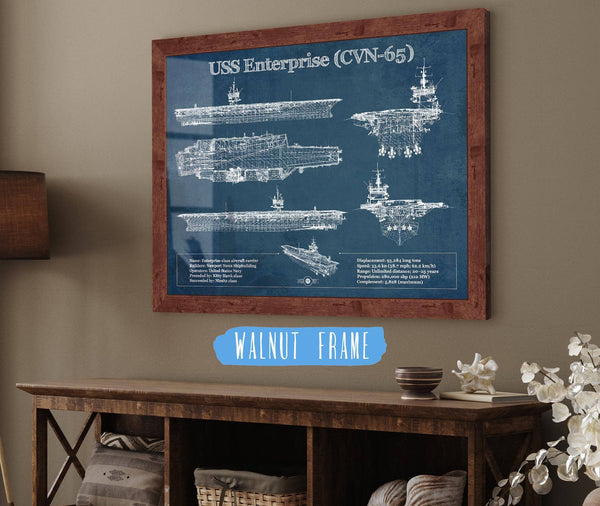 20" x 16" / Walnut Frame Cutler West USS Enterprise (CVN-65) Aircraft Carrier Blueprint Original Military Wall Art - Customizable
