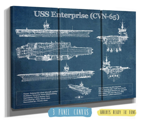 36" x 24" / 3 Panel Canvas Wrap Cutler West USS Enterprise (CVN-65) Aircraft Carrier Blueprint Original Military Wall Art - Customizable
