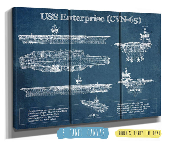 36" x 24" / 3 Panel Canvas Wrap Cutler West USS Enterprise (CVN-65) Aircraft Carrier Blueprint Original Military Wall Art - Customizable