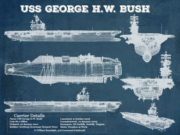 14" x 11" / Unframed Cutler West USS George H.W. Bush Aircraft Carrier Blueprint Original Military Wall Art - Customizable
