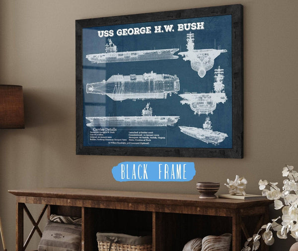 20" x 16" / Black Frame Cutler West USS George H.W. Bush Aircraft Carrier Blueprint Original Military Wall Art - Customizable
