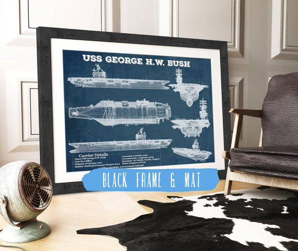 20" x 16" / Black Frame & Mat Cutler West USS George H.W. Bush Aircraft Carrier Blueprint Original Military Wall Art - Customizable