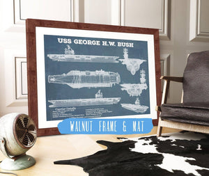 20" x 16" / Walnut Frame & Mat Cutler West USS George H.W. Bush Aircraft Carrier Blueprint Original Military Wall Art - Customizable