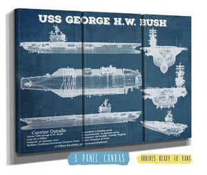36" x 24" / 3 Panel Canvas Wrap Cutler West USS George H.W. Bush Aircraft Carrier Blueprint Original Military Wall Art - Customizable