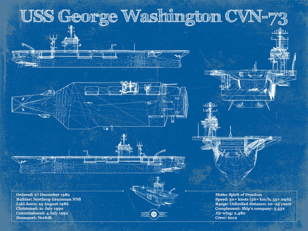 14" x 11" / Unframed Cutler West USS George Washington (CVN-73) Aircraft Carrier Blueprint Original Military Wall Art - Customizable