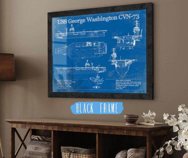 20" x 16" / Black Frame Cutler West USS George Washington (CVN-73) Aircraft Carrier Blueprint Original Military Wall Art - Customizable