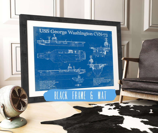 20" x 16" / Black Frame & Mat Cutler West USS George Washington (CVN-73) Aircraft Carrier Blueprint Original Military Wall Art - Customizable
