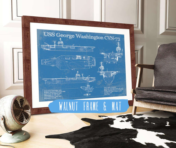 20" x 16" / Walnut Frame & Mat Cutler West USS George Washington (CVN-73) Aircraft Carrier Blueprint Original Military Wall Art - Customizable