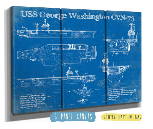 36" x 24" / 3 Panel Canvas Wrap Cutler West USS George Washington (CVN-73) Aircraft Carrier Blueprint Original Military Wall Art - Customizable