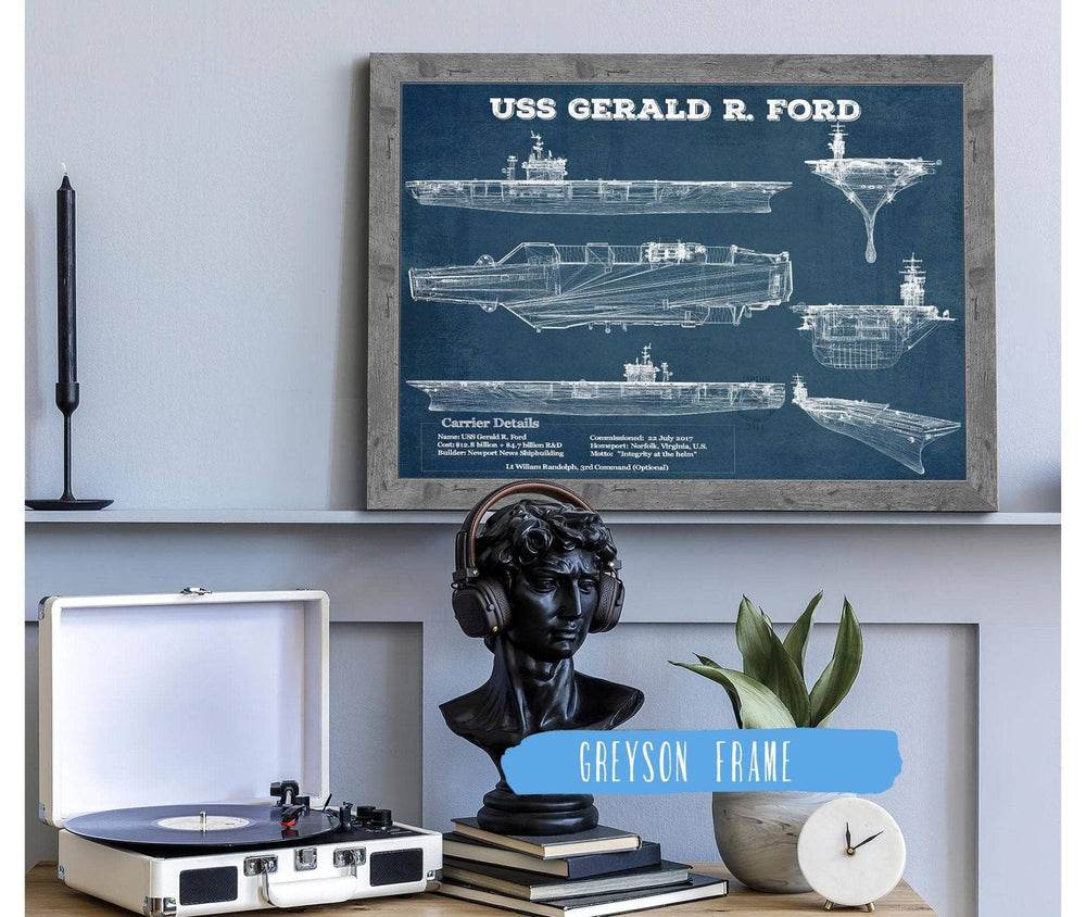14" x 11" / Stretched Canvas Wrap Cutler West USS Gerald R. Ford (CVN-78) Aircraft Carrier Blueprint Original Military Wall Art - Customizable