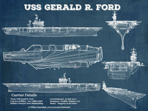 14" x 11" / Unframed Cutler West USS Gerald R. Ford (CVN-78) Aircraft Carrier Blueprint Original Military Wall Art - Customizable