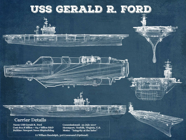 14" x 11" / Unframed Cutler West USS Gerald R. Ford (CVN-78) Aircraft Carrier Blueprint Original Military Wall Art - Customizable
