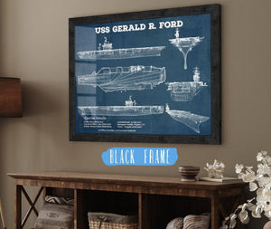 20" x 16" / Black Frame Cutler West USS Gerald R. Ford (CVN-78) Aircraft Carrier Blueprint Original Military Wall Art - Customizable