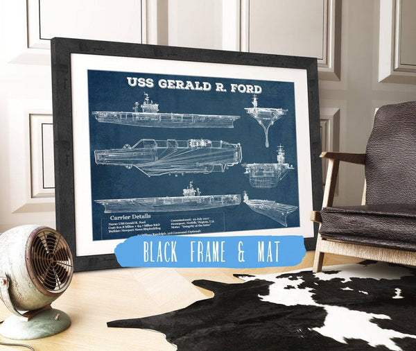 20" x 16" / Black Frame & Mat Cutler West USS Gerald R. Ford (CVN-78) Aircraft Carrier Blueprint Original Military Wall Art - Customizable
