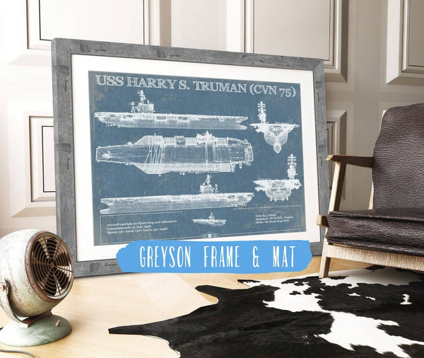 14" x 11" / Greyson Frame & Mat Cutler West USS Harry S. Truman (CVN 75) Aircraft Carrier Blueprint Original Military Wall Art