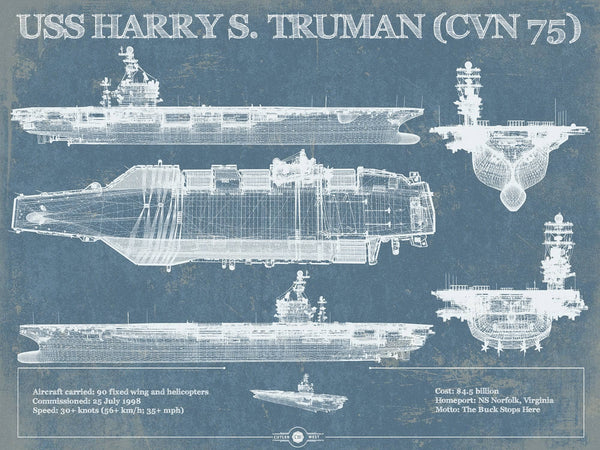 14" x 11" / Unframed Cutler West USS Harry S. Truman (CVN 75) Aircraft Carrier Blueprint Original Military Wall Art