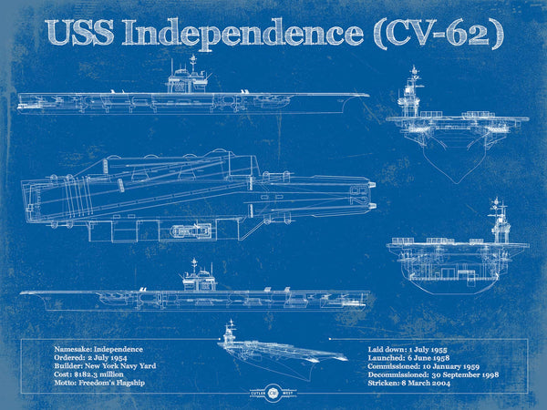 14" x 11" / Unframed Cutler West USS Independence (CV-62) Aircraft Carrier Blueprint Original Military Wall Art - Customizable