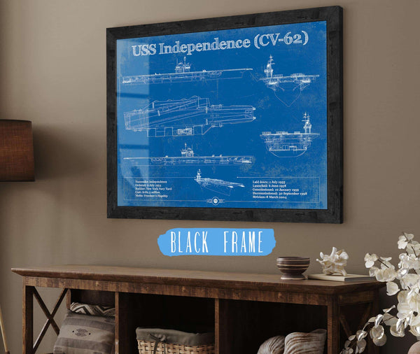20" x 16" / Black Frame Cutler West USS Independence (CV-62) Aircraft Carrier Blueprint Original Military Wall Art - Customizable