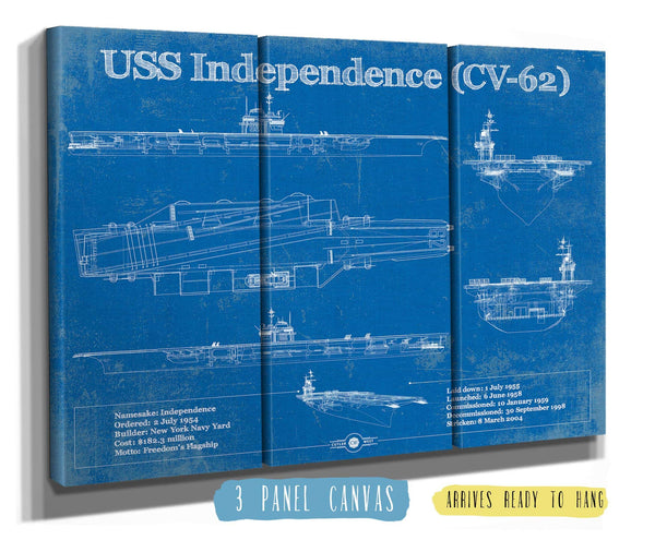 36" x 24" / 3 Panel Canvas Wrap Cutler West USS Independence (CV-62) Aircraft Carrier Blueprint Original Military Wall Art - Customizable